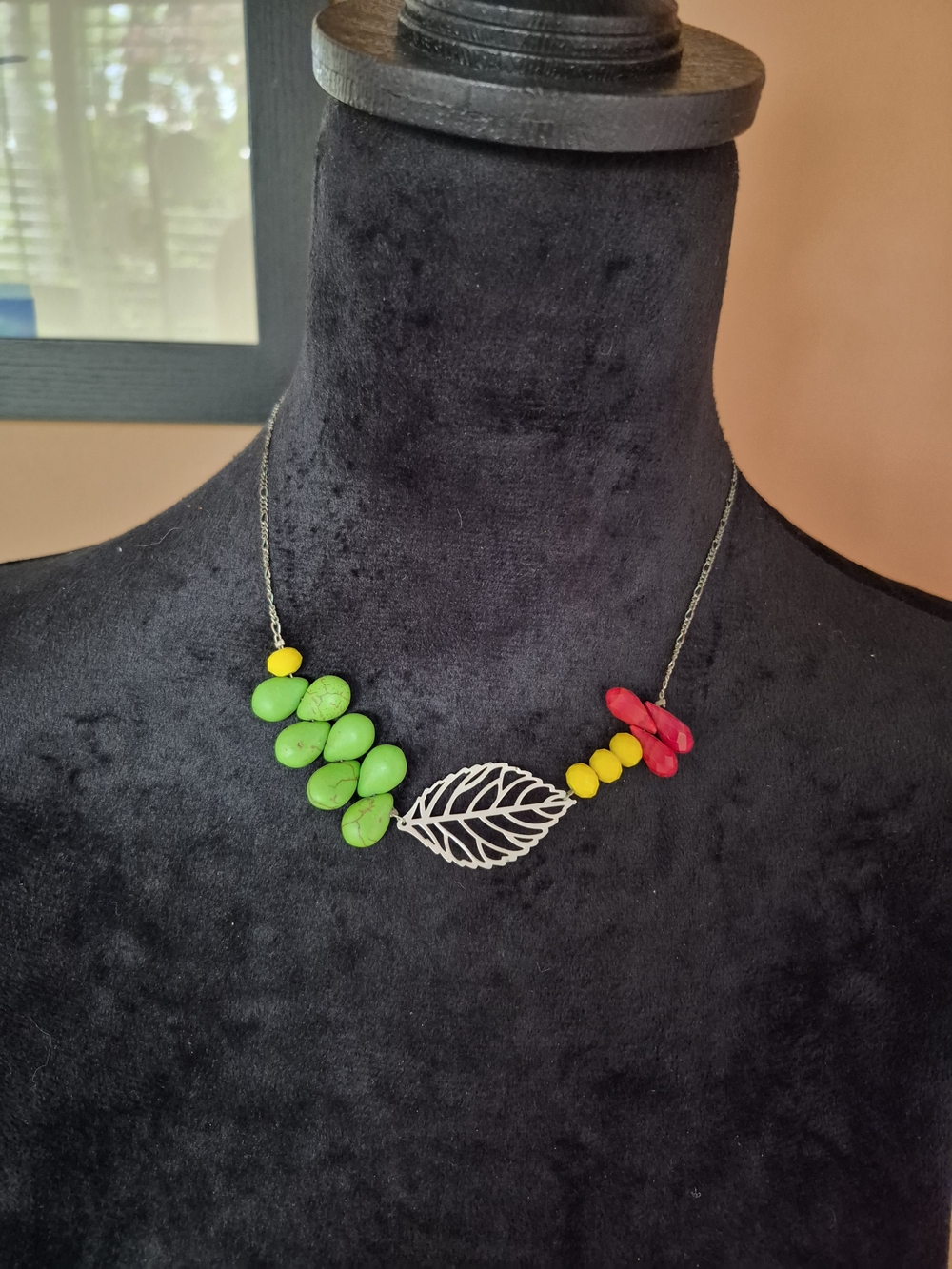 Handmade Leaf Pendant Necklace with Green, Yellow & Red Beads